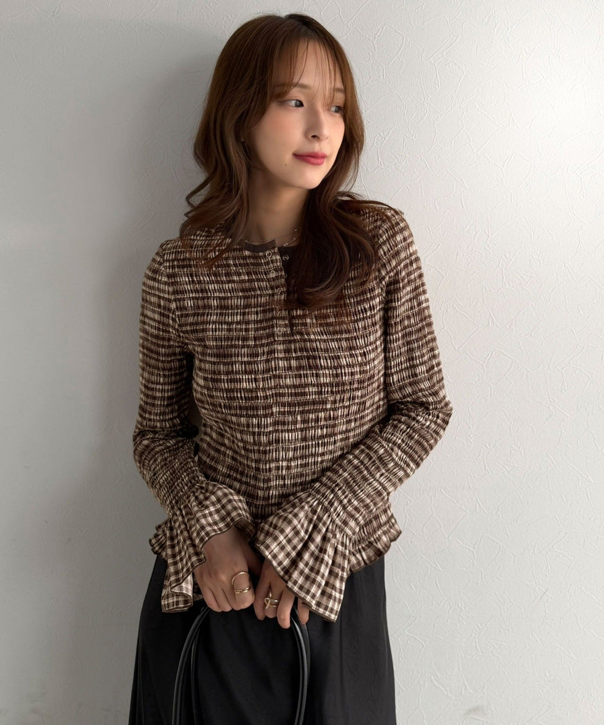 【Classical Evon】甘さひとさじ。表情で魅せる大人チェック。キャンディスリーブシャーリングヘンリートップス ev1010671