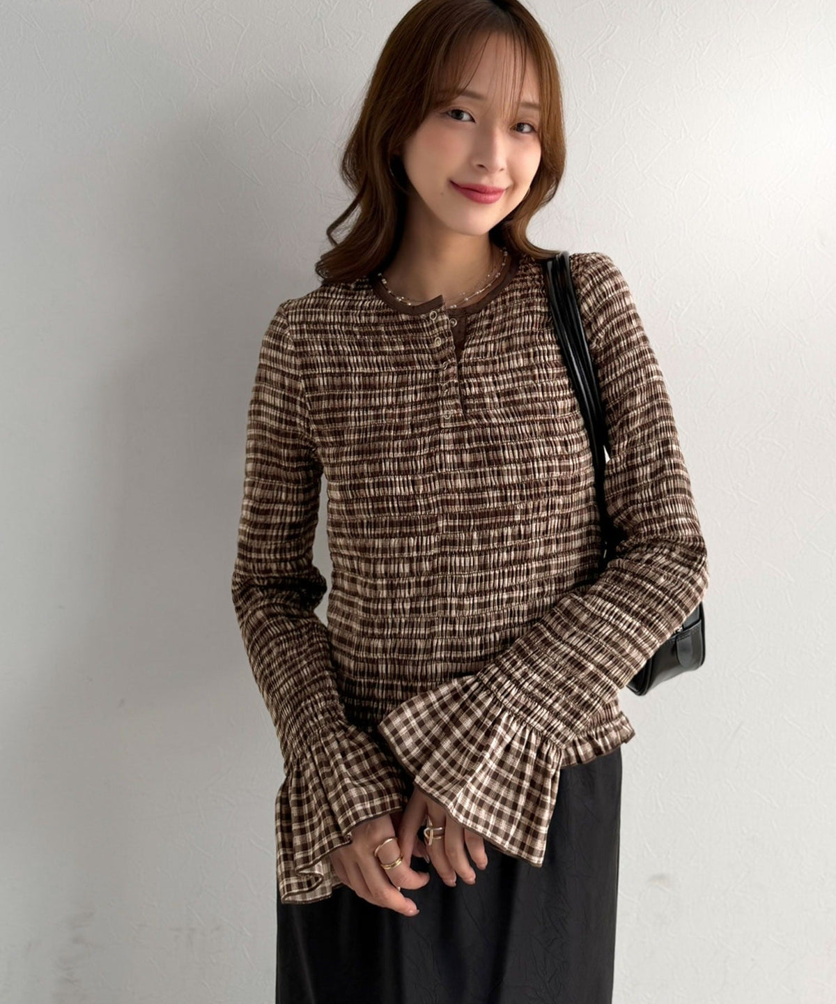 【Classical Evon】甘さひとさじ。表情で魅せる大人チェック。キャンディスリーブシャーリングヘンリートップス ev1010671