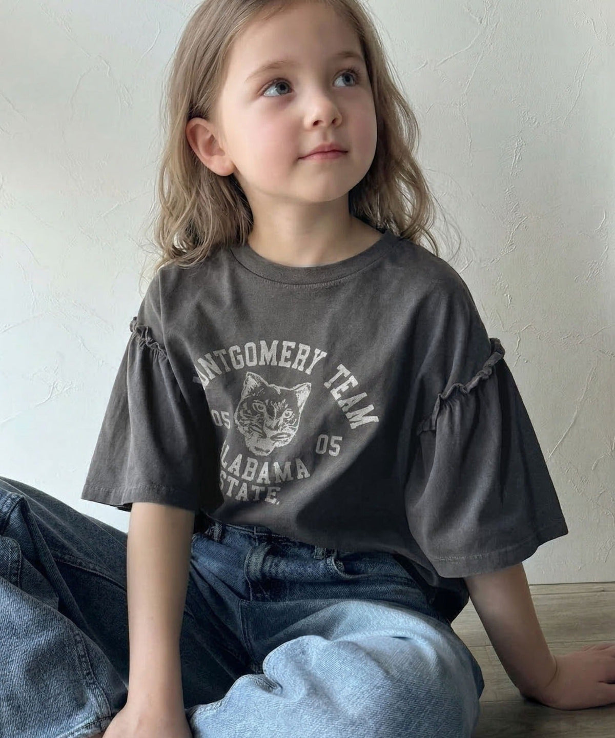【キッズ】親子リンクコーデ可能◎綿100%カレッジピグメント袖フリルTシャツ ck1020221