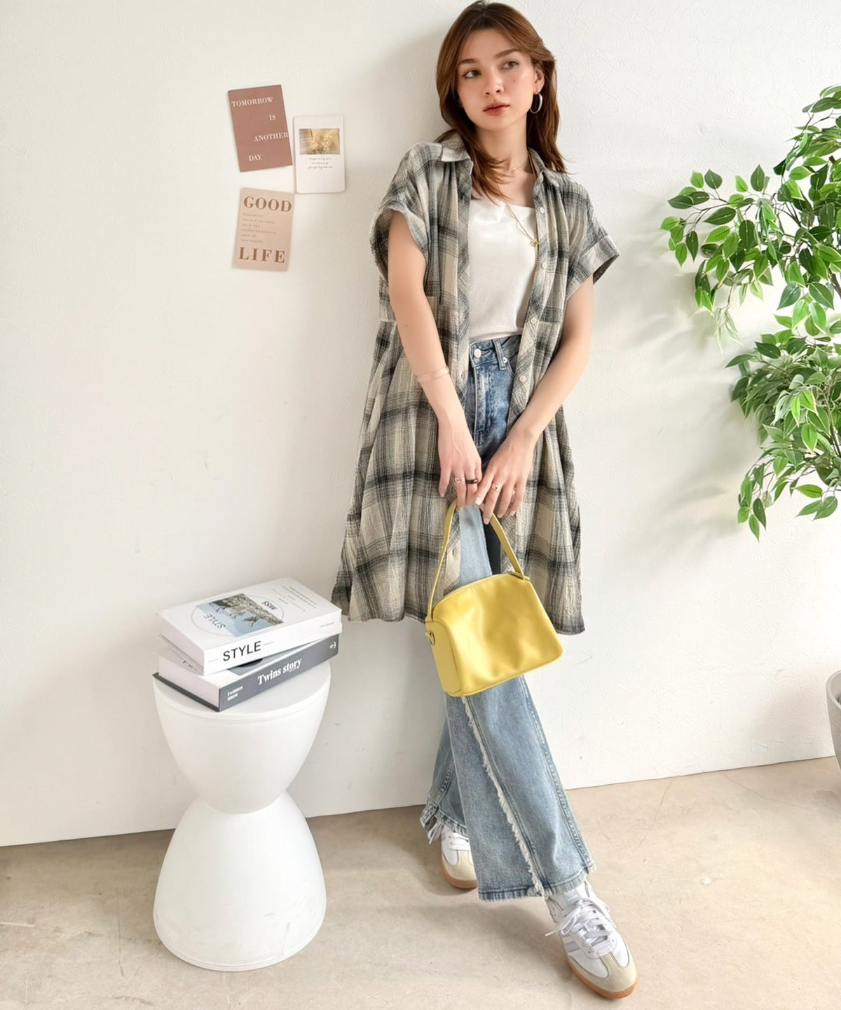気分はリゾート♪大人可愛いチェック柄がポイント。パナマ風フレンチスリーブチェックチュニック ce1010590