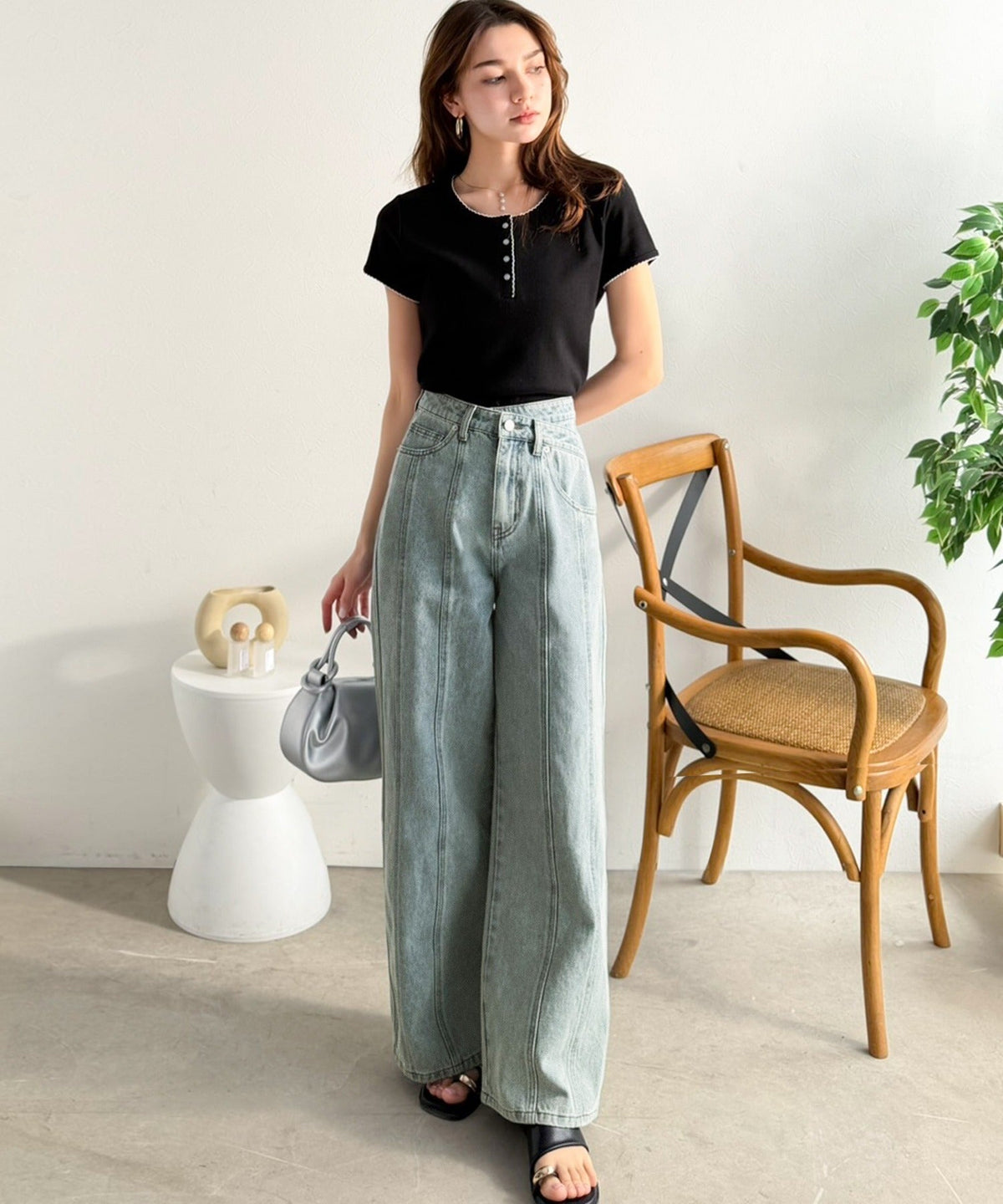 【mily bilet】盛れるワイド、優勝シルエット。ウエストアシメデザイン切り替えラインデニムパンツ mi0909026
