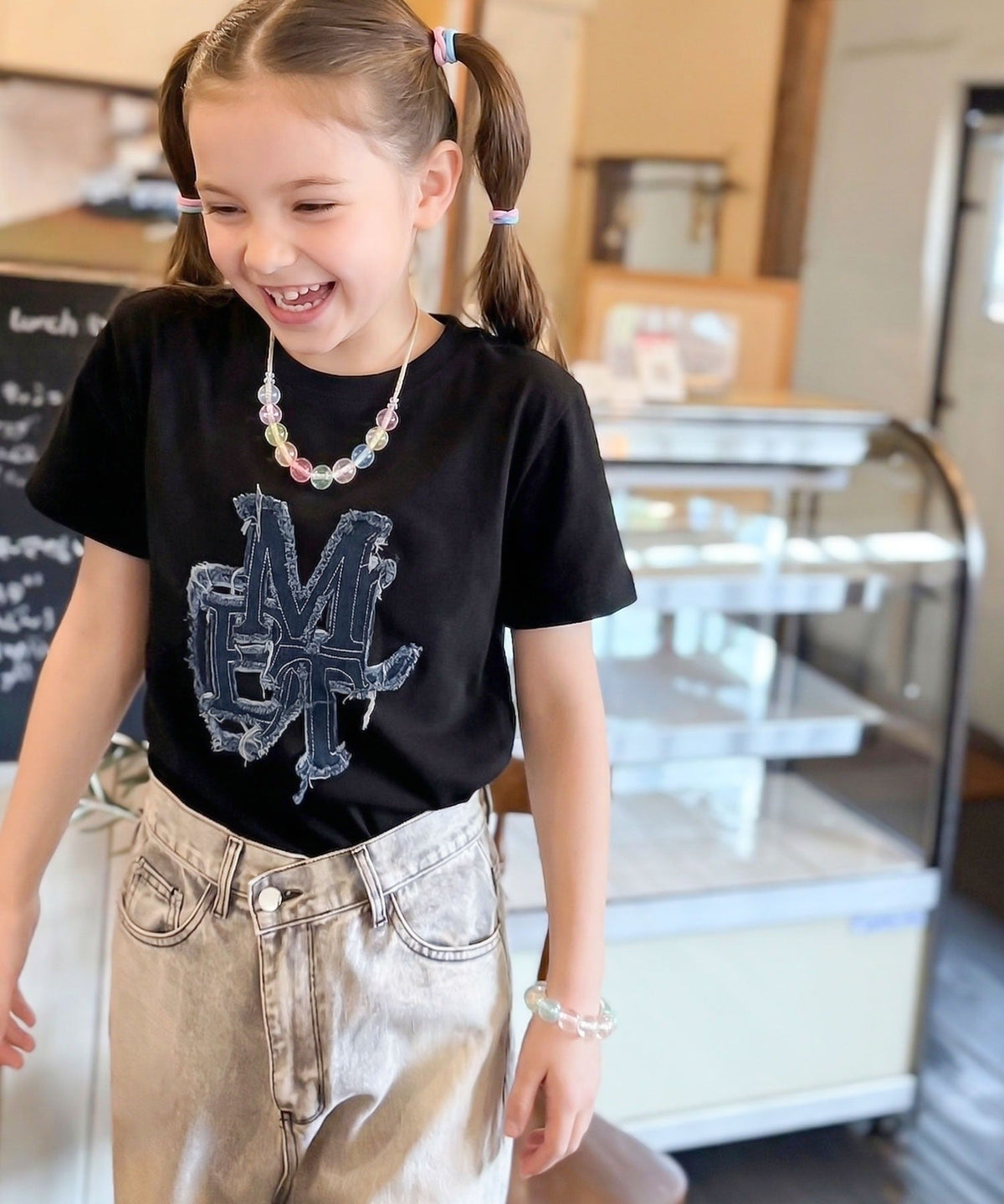 【キッズ】親子リンクコーデ可能♪毎日着せたい 綿100％デニムワッペンフリンジ使いTシャツ mk1329037