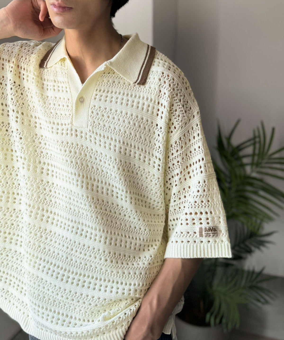 《JaVaジャバコラボ》レトロ〝っぽい〟がちょうどいい。メッシュ編地柄 スキッパー襟 ニットポロシャツ（半袖） jo1250002