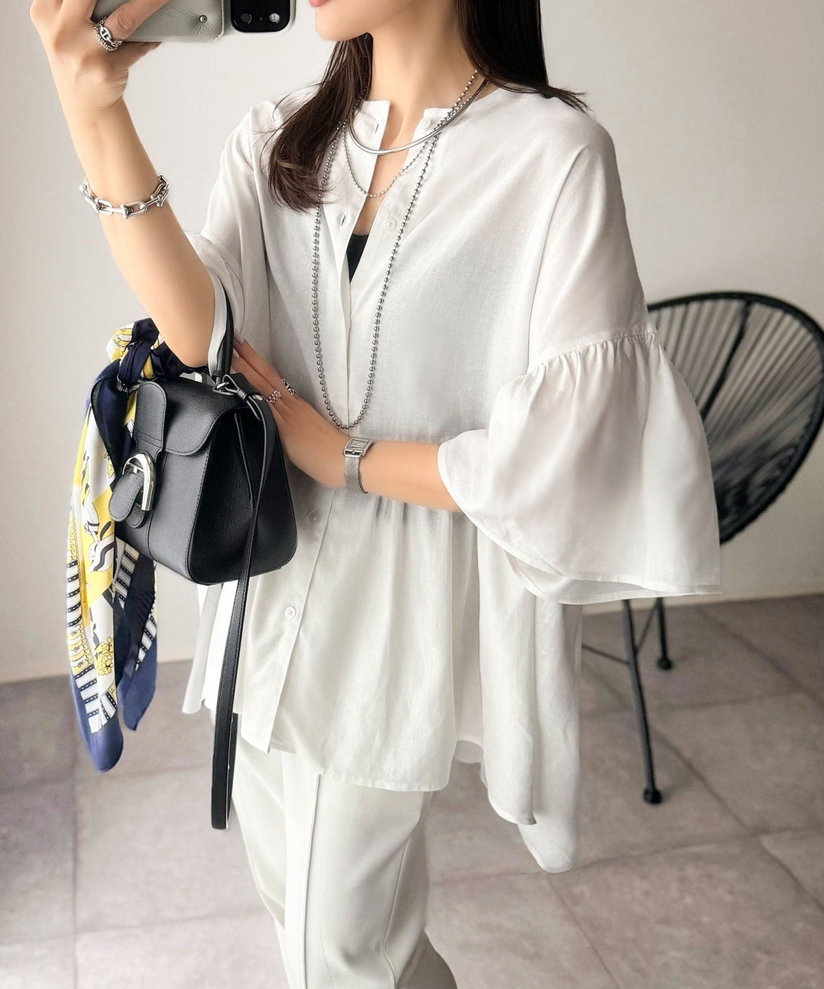 【接触冷感・UVカット機能付き】涼感ひらり、上品きれい。麻混 前後2way 袖フリルウエスト切り替え ペプラムブラウス ce1010543