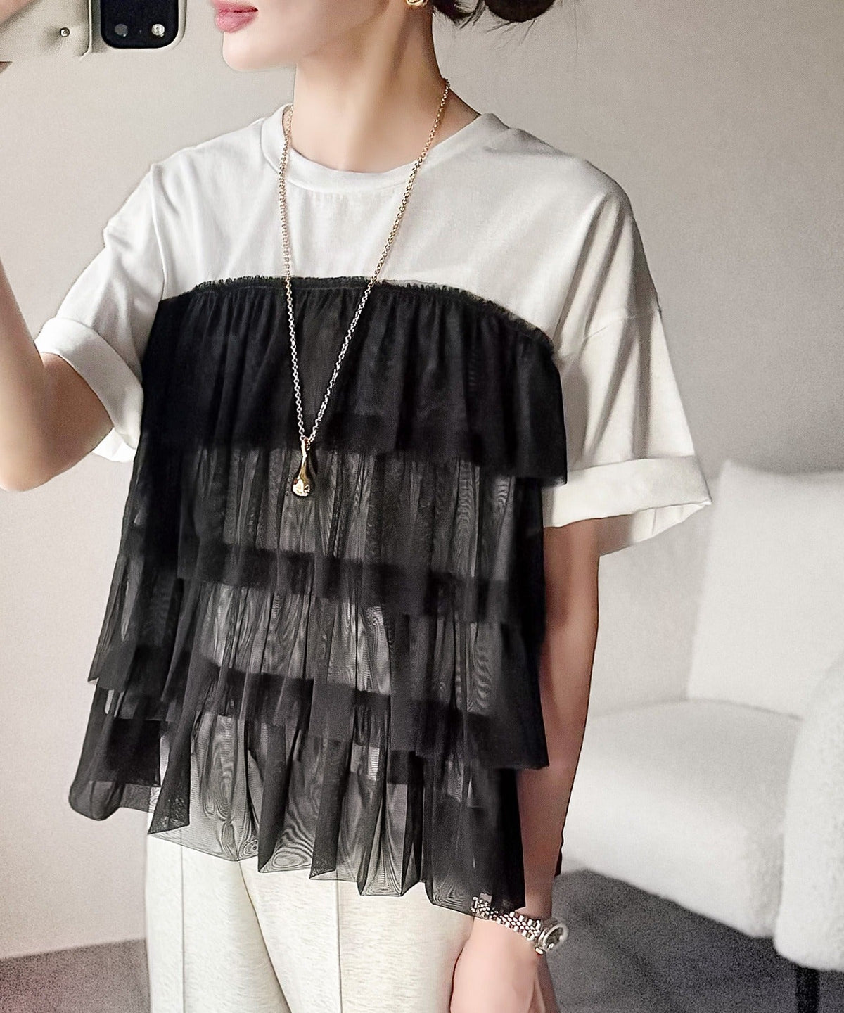 重ねてる風、が今っぽい。ビスチェ風チュールフリルドッキングTシャツ（半袖） ce1010572