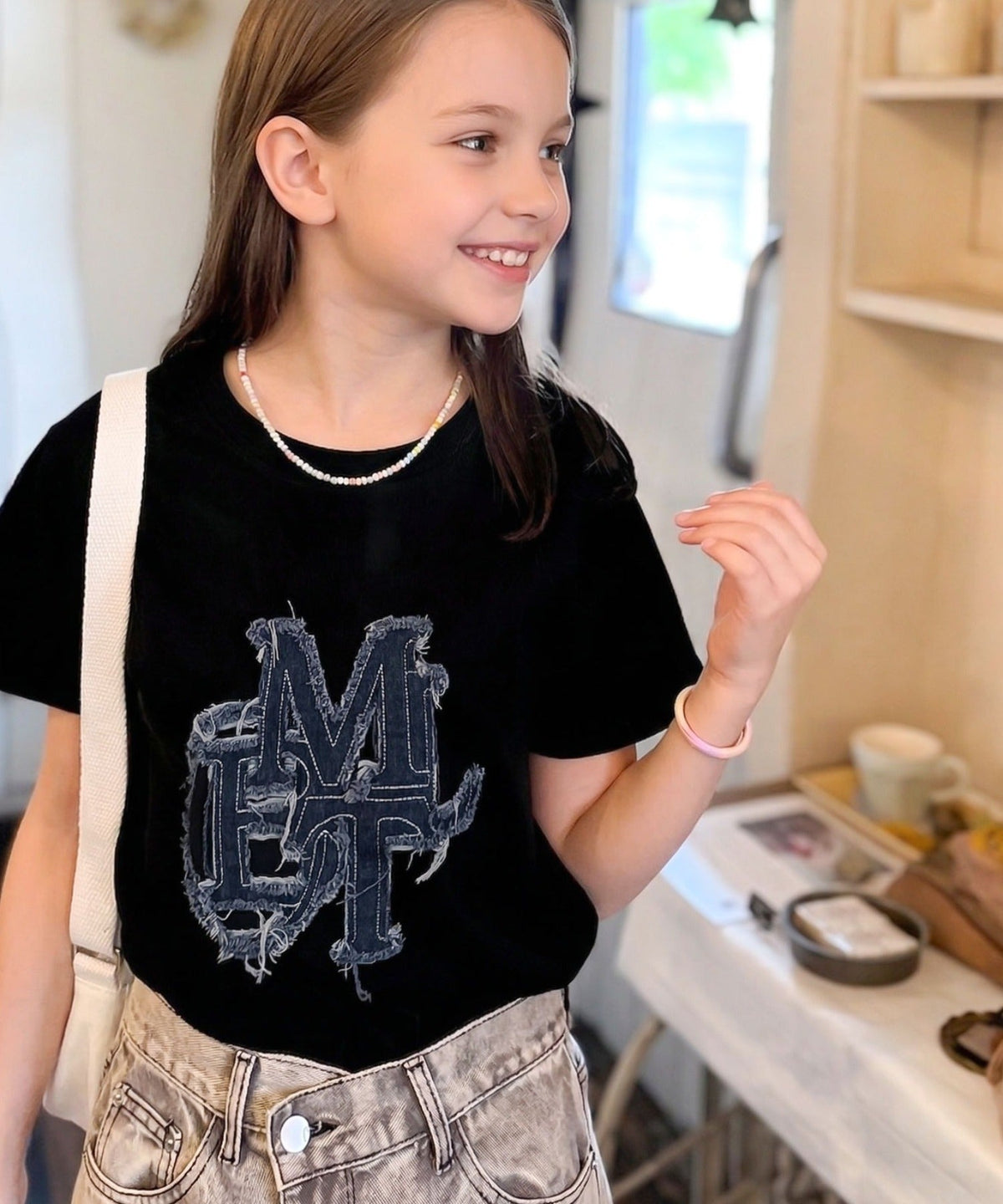 【キッズ】親子リンクコーデ可能♪毎日着せたい 綿100％デニムワッペンフリンジ使いTシャツ mk1329037