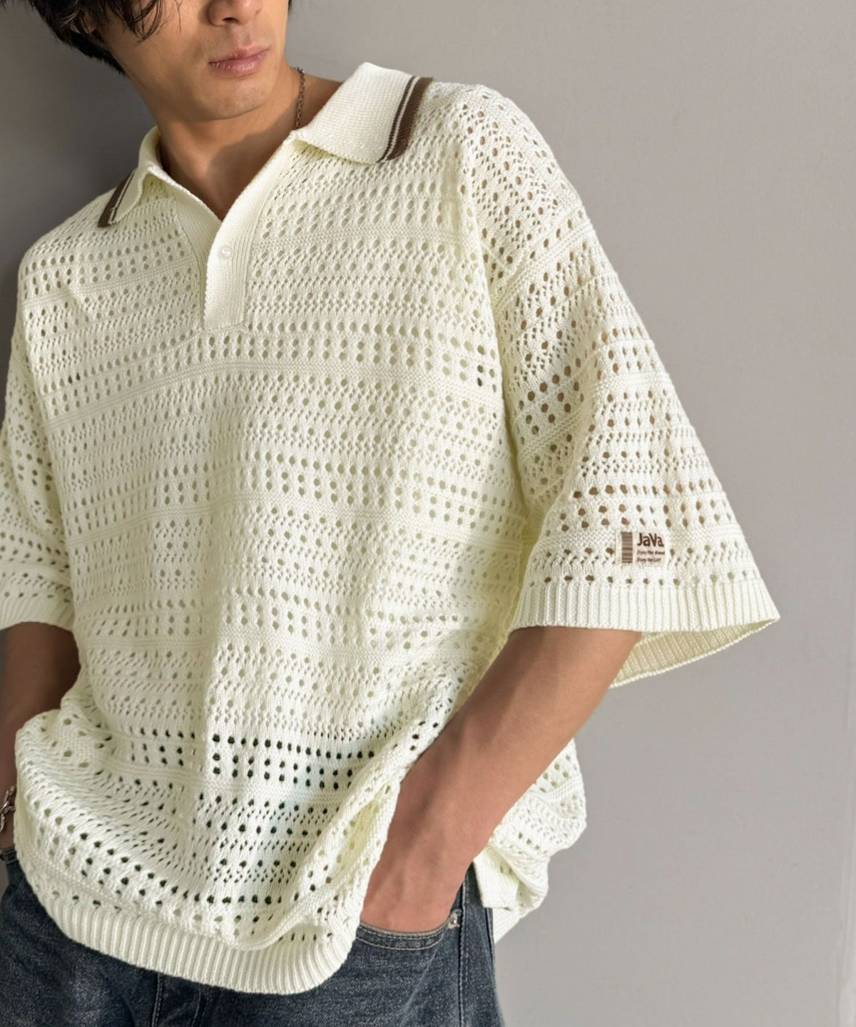 《JaVaジャバコラボ》レトロ〝っぽい〟がちょうどいい。メッシュ編地柄 スキッパー襟 ニットポロシャツ（半袖） jo1250002