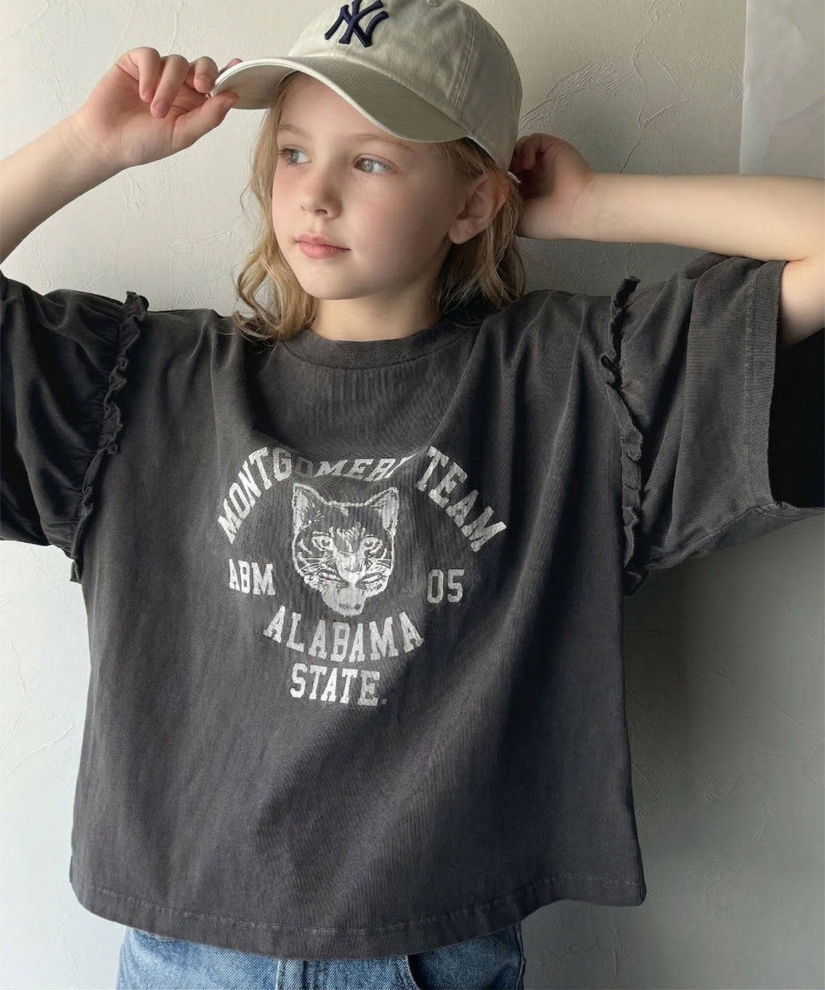 【キッズ】親子リンクコーデ可能◎綿100%カレッジピグメント袖フリルTシャツ ck1020221