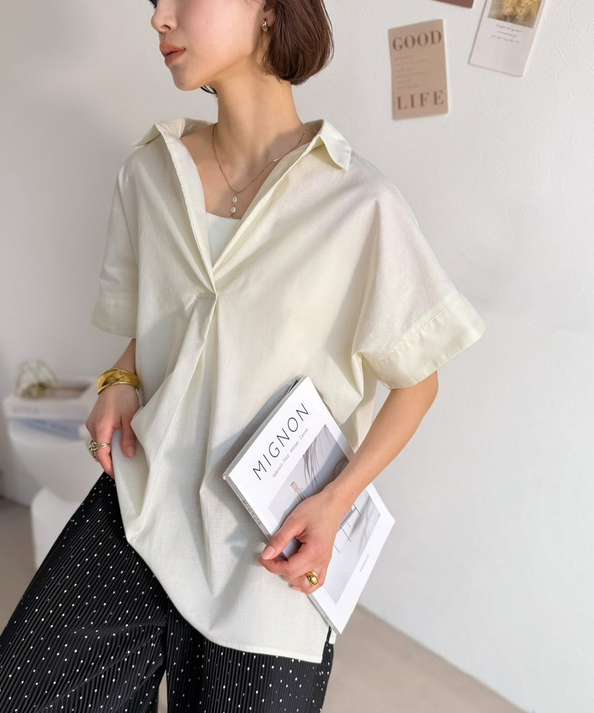 《JaVaジャバコラボ》涼しげに、女っぽく。シアーオーバーサイズスキッパー半袖シャツ（チェック柄＆無地） jv1240120