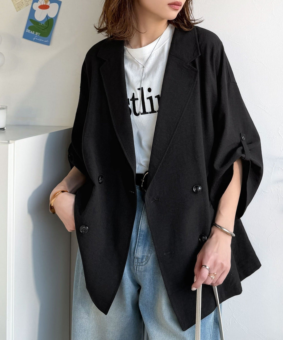 【UVカット・防シワ・接触冷感・吸水速乾機能付き】デイリーにもオフィスにも。ビッグシルエットハーフスリーブダブルジャケット(半袖) ce1265068