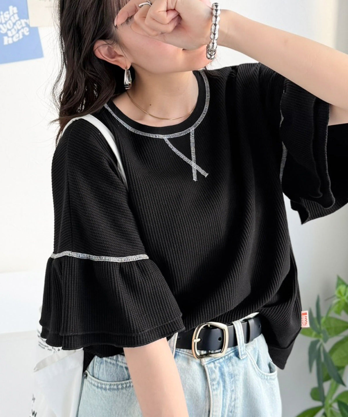 《JaVaジャバコラボ》甘さと着やすさの絶妙バランス。ワッフルダブルフリルトップス (半袖) jv1260561