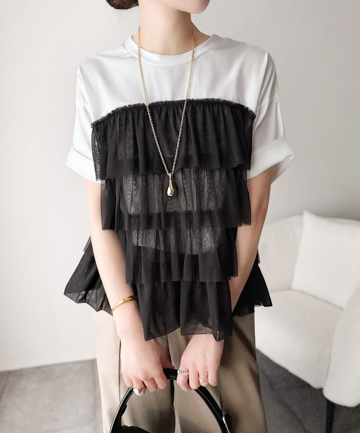 重ねてる風、が今っぽい。ビスチェ風チュールフリルドッキングTシャツ（半袖） ce1010572