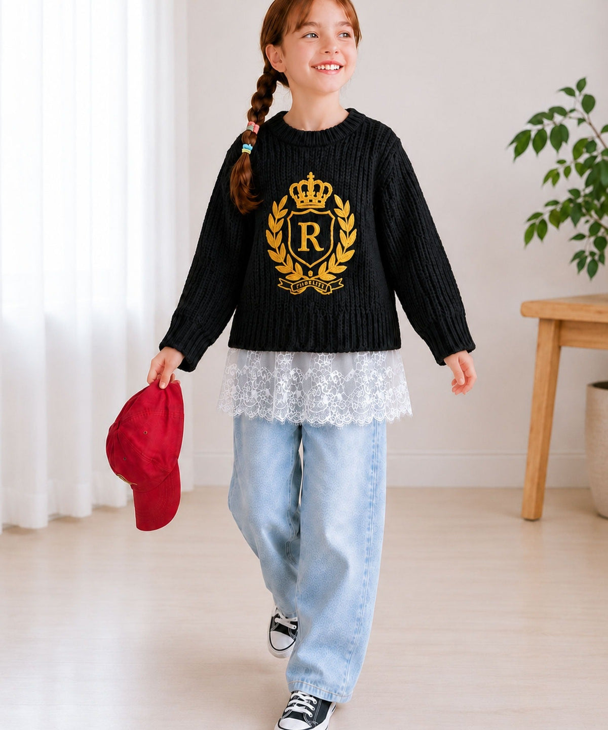【キッズ】親子お揃いOK♪さらっと今っぽくなる 裾レースドッキングTシャツ(長袖) ck1020364