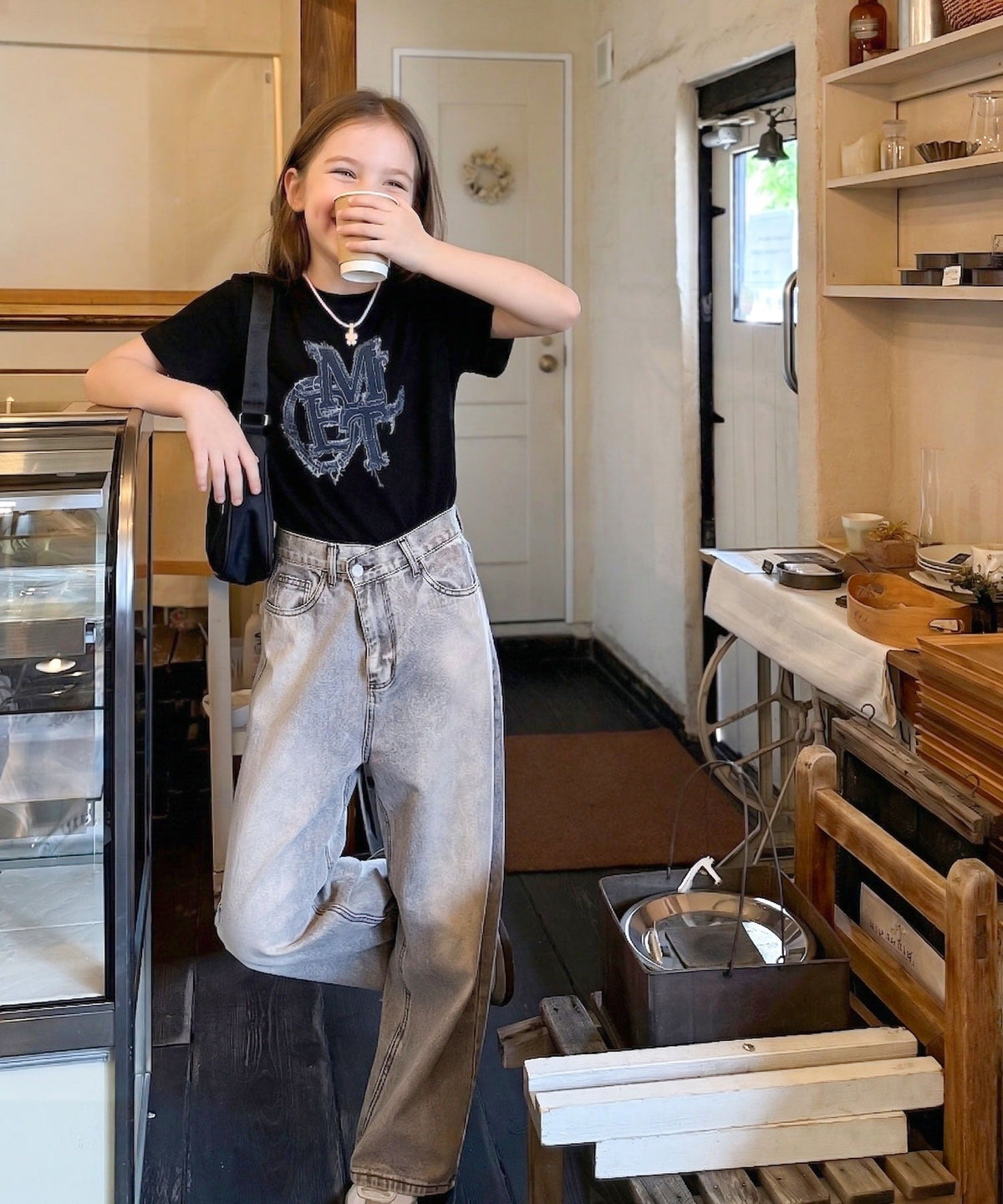 【キッズ】親子リンクコーデ可能♪毎日着せたい 綿100％デニムワッペンフリンジ使いTシャツ mk1329037