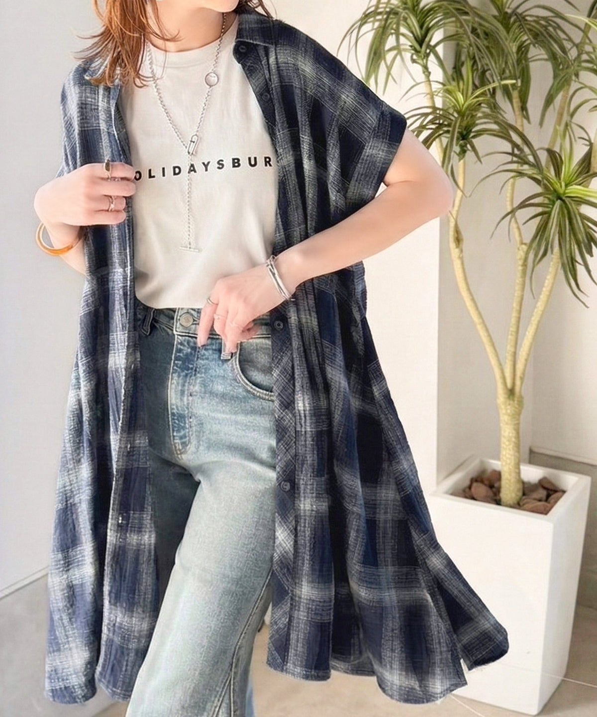 気分はリゾート♪大人可愛いチェック柄がポイント。パナマ風フレンチスリーブチェックチュニック ce1010590