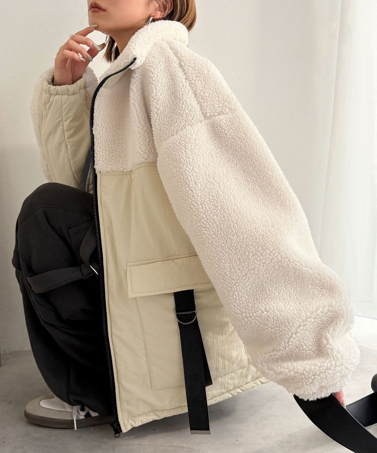 《MAIKOさん×クラシカルエルフコラボ》【親子リンクコーデ可】異素材コンビが魅せる旬のアクティブモード。ボア×ナイロンポケットデザインアウトドアブルゾン ce1010655