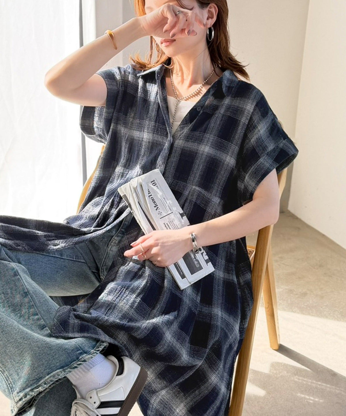 気分はリゾート♪大人可愛いチェック柄がポイント。パナマ風フレンチスリーブチェックチュニック ce1010590