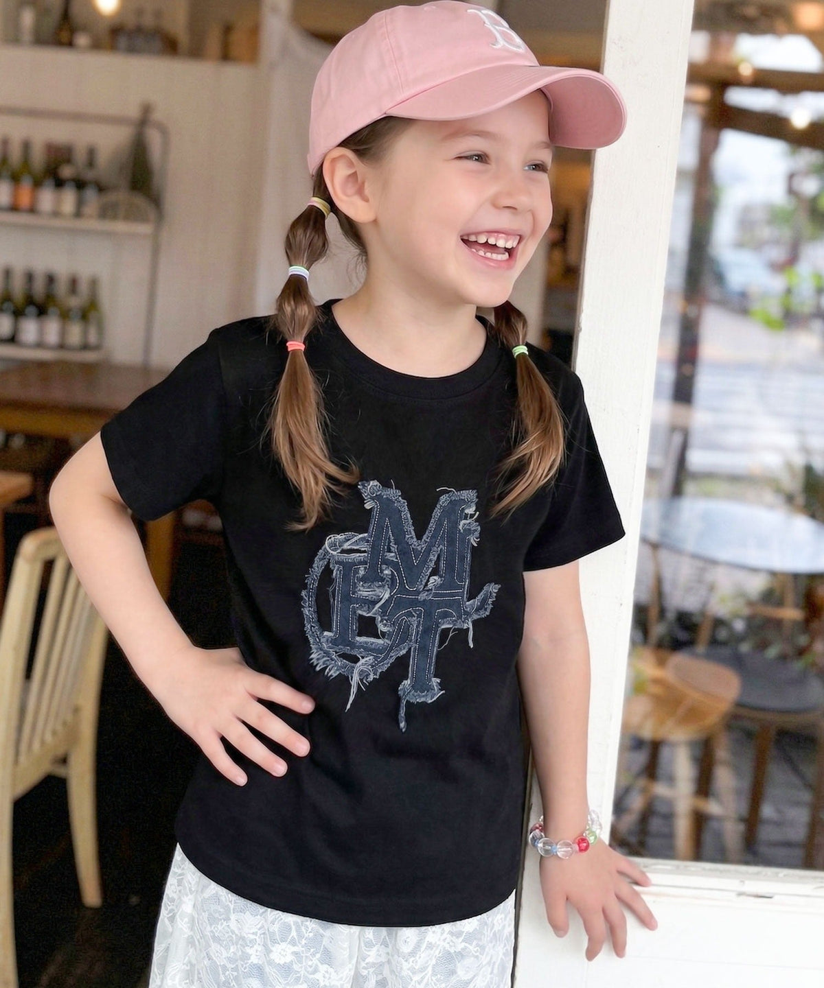 【キッズ】親子リンクコーデ可能♪毎日着せたい 綿100％デニムワッペンフリンジ使いTシャツ mk1329037