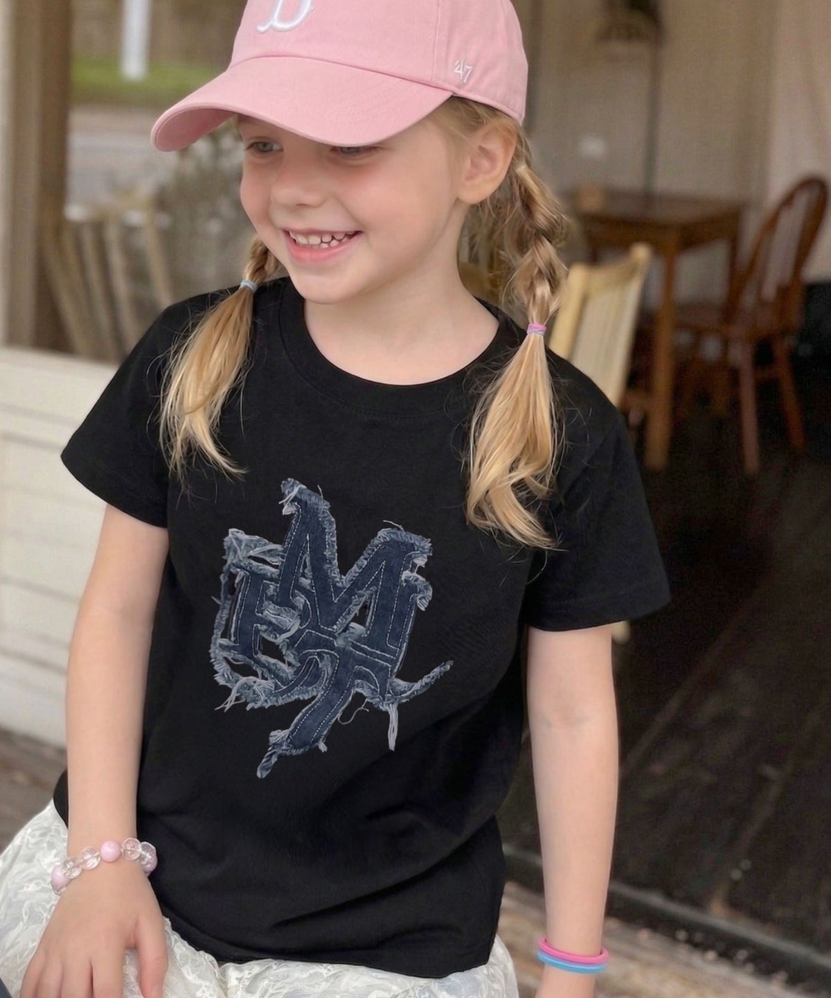 【キッズ】親子リンクコーデ可能♪毎日着せたい 綿100％デニムワッペンフリンジ使いTシャツ mk1329037