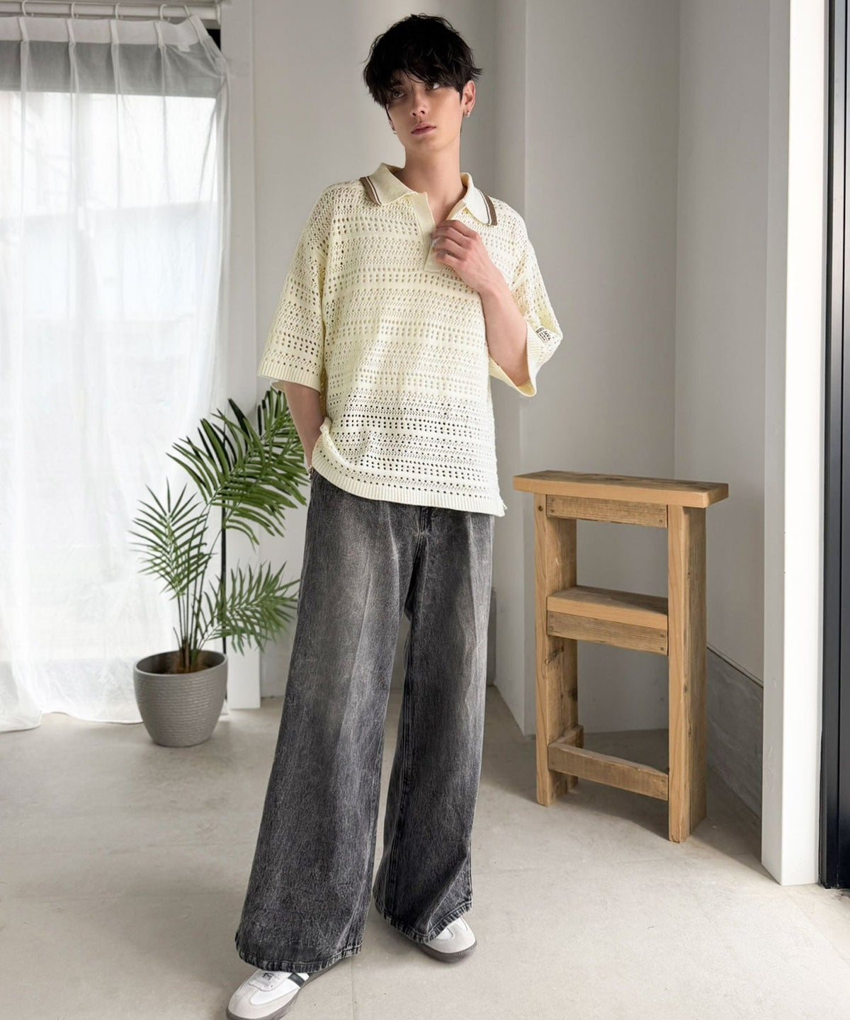 《JaVaジャバコラボ》レトロ〝っぽい〟がちょうどいい。メッシュ編地柄 スキッパー襟 ニットポロシャツ（半袖） jo1250002