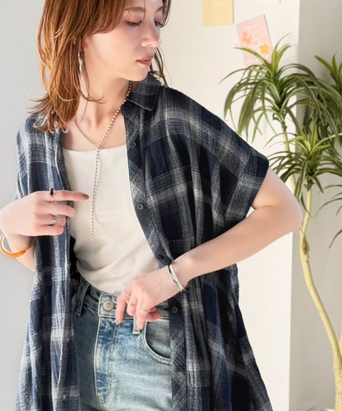 気分はリゾート♪大人可愛いチェック柄がポイント。パナマ風フレンチスリーブチェックチュニック ce1010590