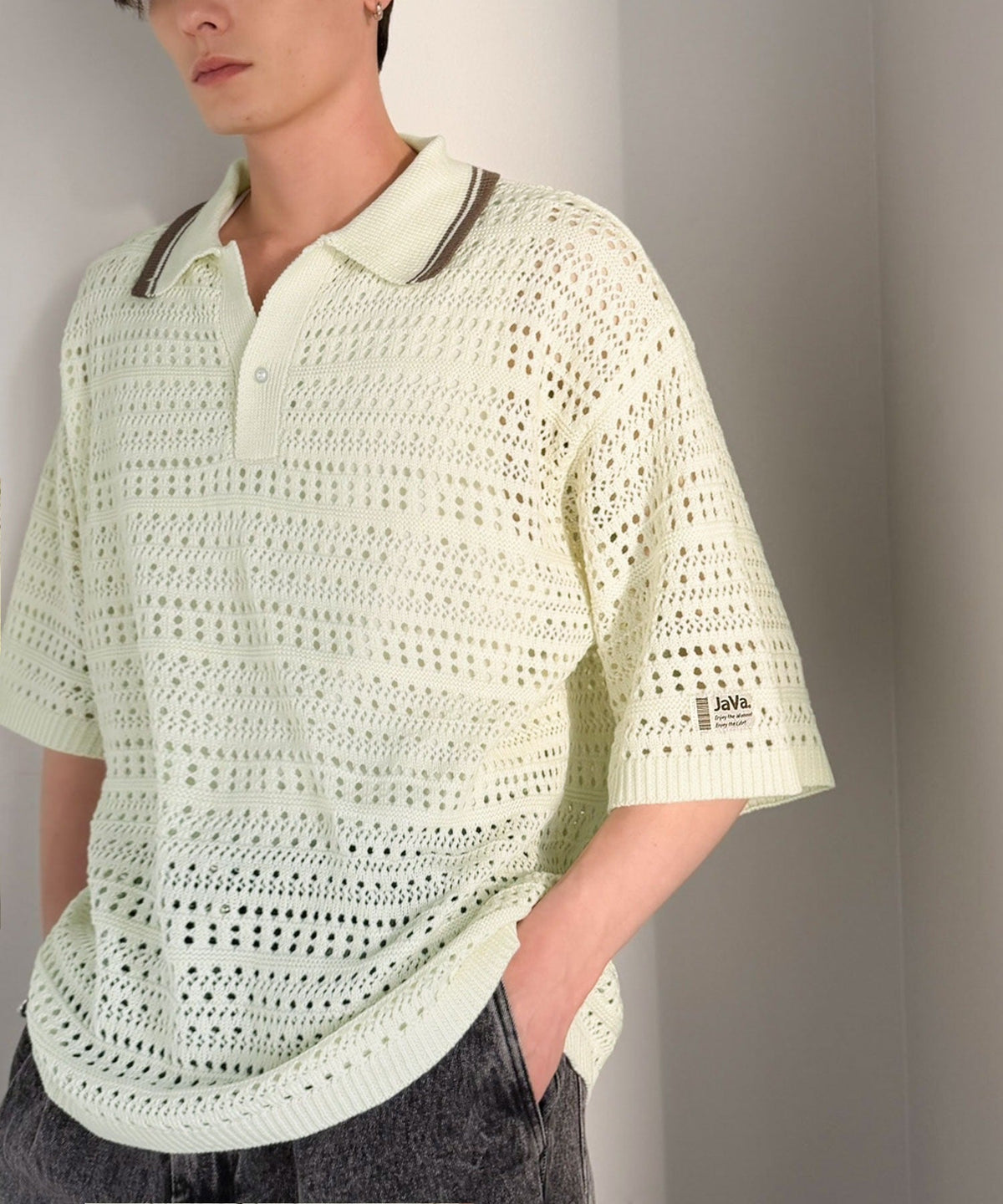 《JaVaジャバコラボ》レトロ〝っぽい〟がちょうどいい。メッシュ編地柄 スキッパー襟 ニットポロシャツ（半袖） jo1250002