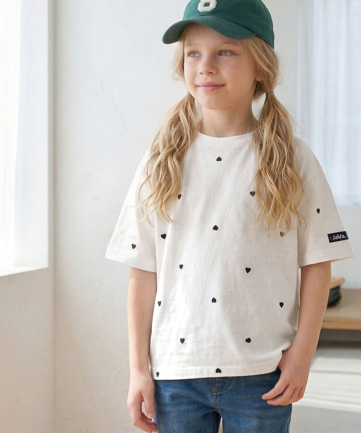 【キッズ】《JaVaジャバコラボ》親子お揃い リンクコーデできちゃう！ミニハート刺繍Tシャツ（半袖） jk1010470