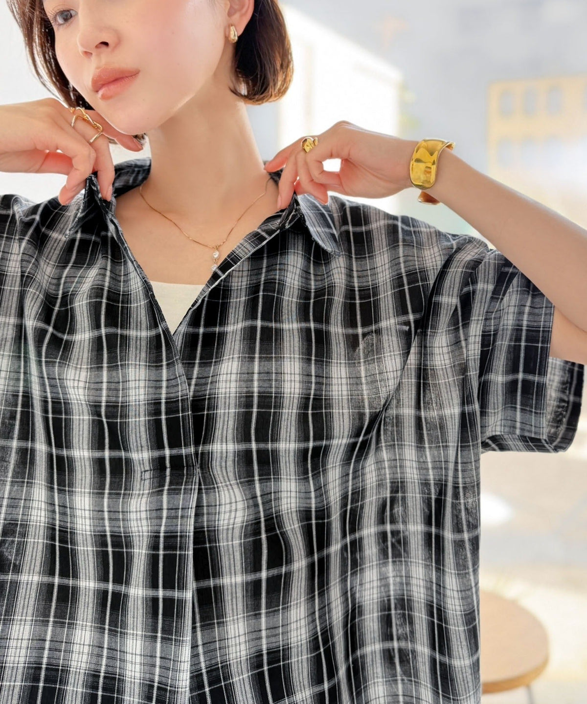 《JaVaジャバコラボ》涼しげに、女っぽく。シアーオーバーサイズスキッパー半袖シャツ（チェック柄＆無地） jv1240120
