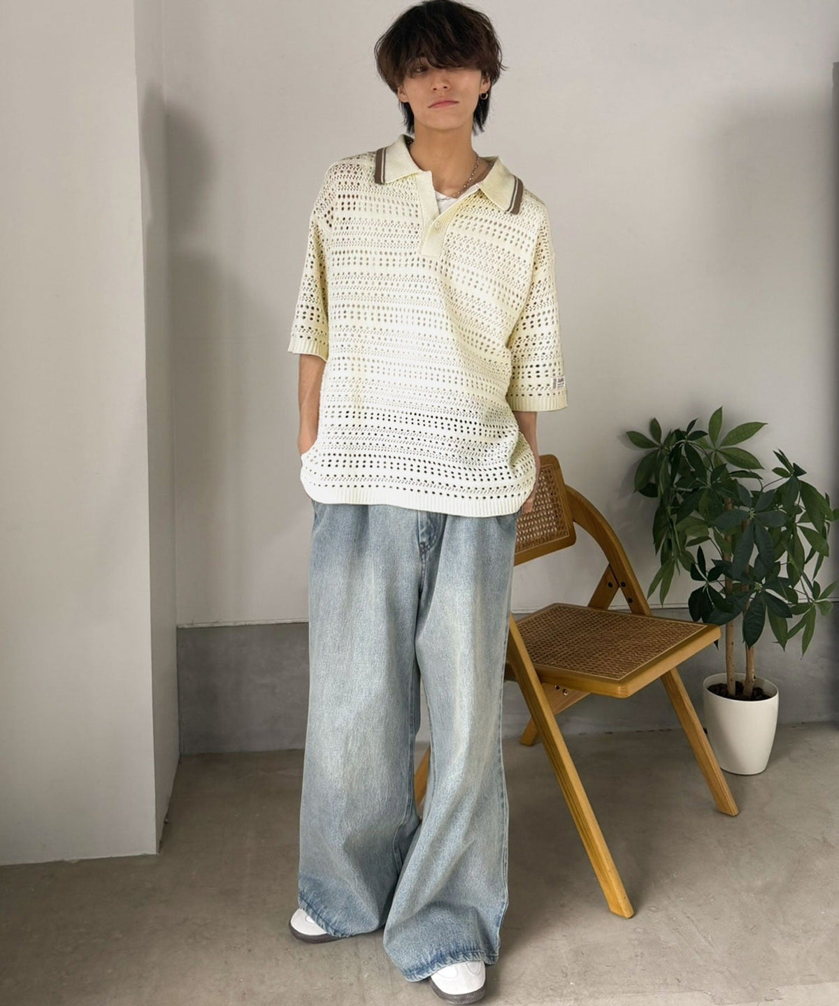 《JaVaジャバコラボ》レトロ〝っぽい〟がちょうどいい。メッシュ編地柄 スキッパー襟 ニットポロシャツ（半袖） jo1250002
