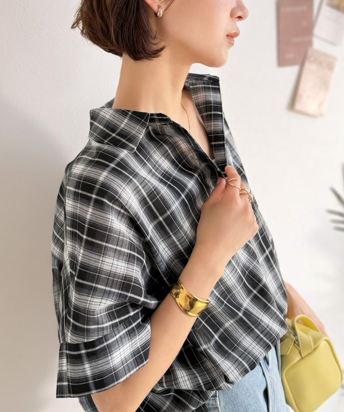 《JaVaジャバコラボ》涼しげに、女っぽく。シアーオーバーサイズスキッパー半袖シャツ（チェック柄＆無地） jv1240120
