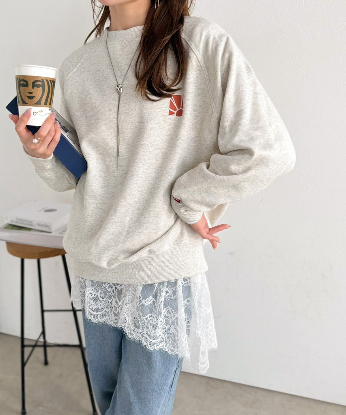 【キッズ】親子お揃いOK♪さらっと今っぽくなる 裾レースドッキングTシャツ(長袖) ck1020364