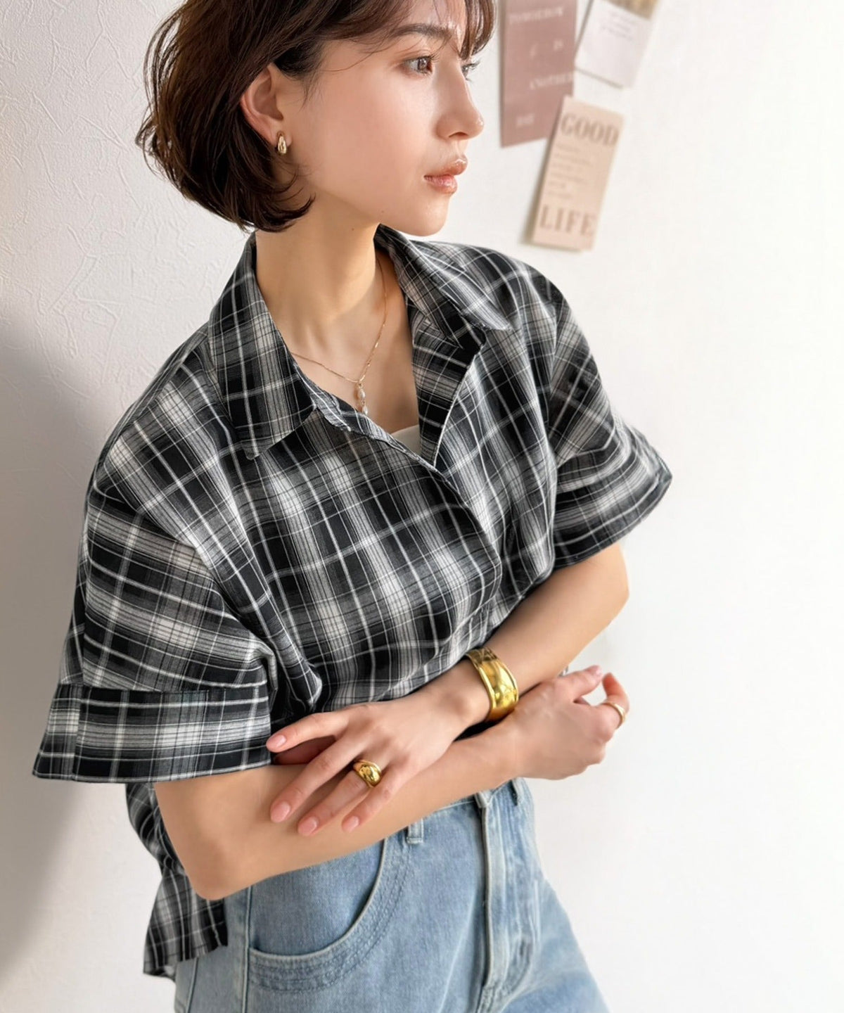 《JaVaジャバコラボ》涼しげに、女っぽく。シアーオーバーサイズスキッパー半袖シャツ（チェック柄＆無地） jv1240120