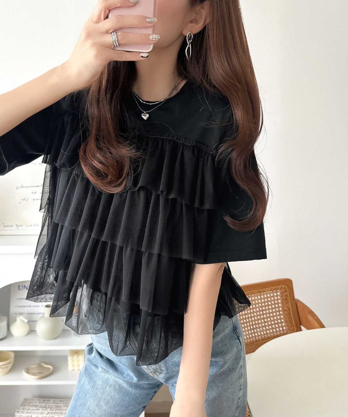 重ねてる風、が今っぽい。ビスチェ風チュールフリルドッキングTシャツ（半袖） ce1010572
