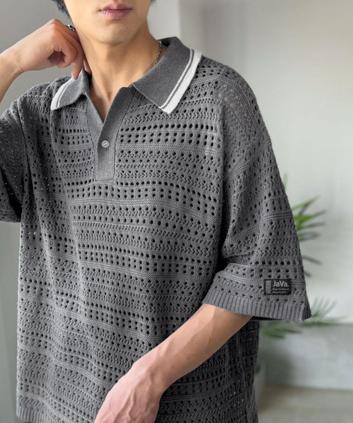 《JaVaジャバコラボ》レトロ〝っぽい〟がちょうどいい。メッシュ編地柄 スキッパー襟 ニットポロシャツ（半袖） jo1250002