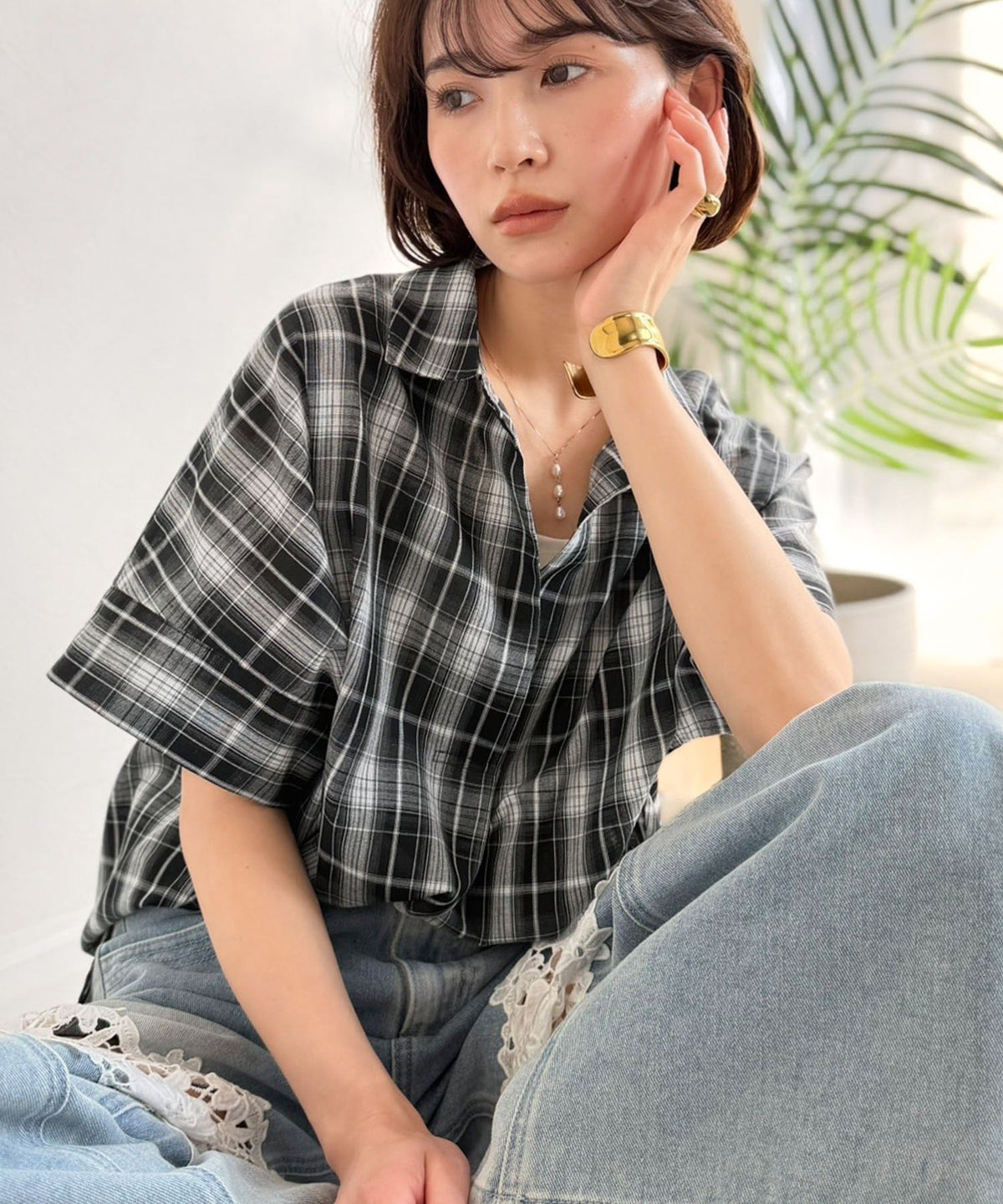 《JaVaジャバコラボ》涼しげに、女っぽく。シアーオーバーサイズスキッパー半袖シャツ（チェック柄＆無地） jv1240120