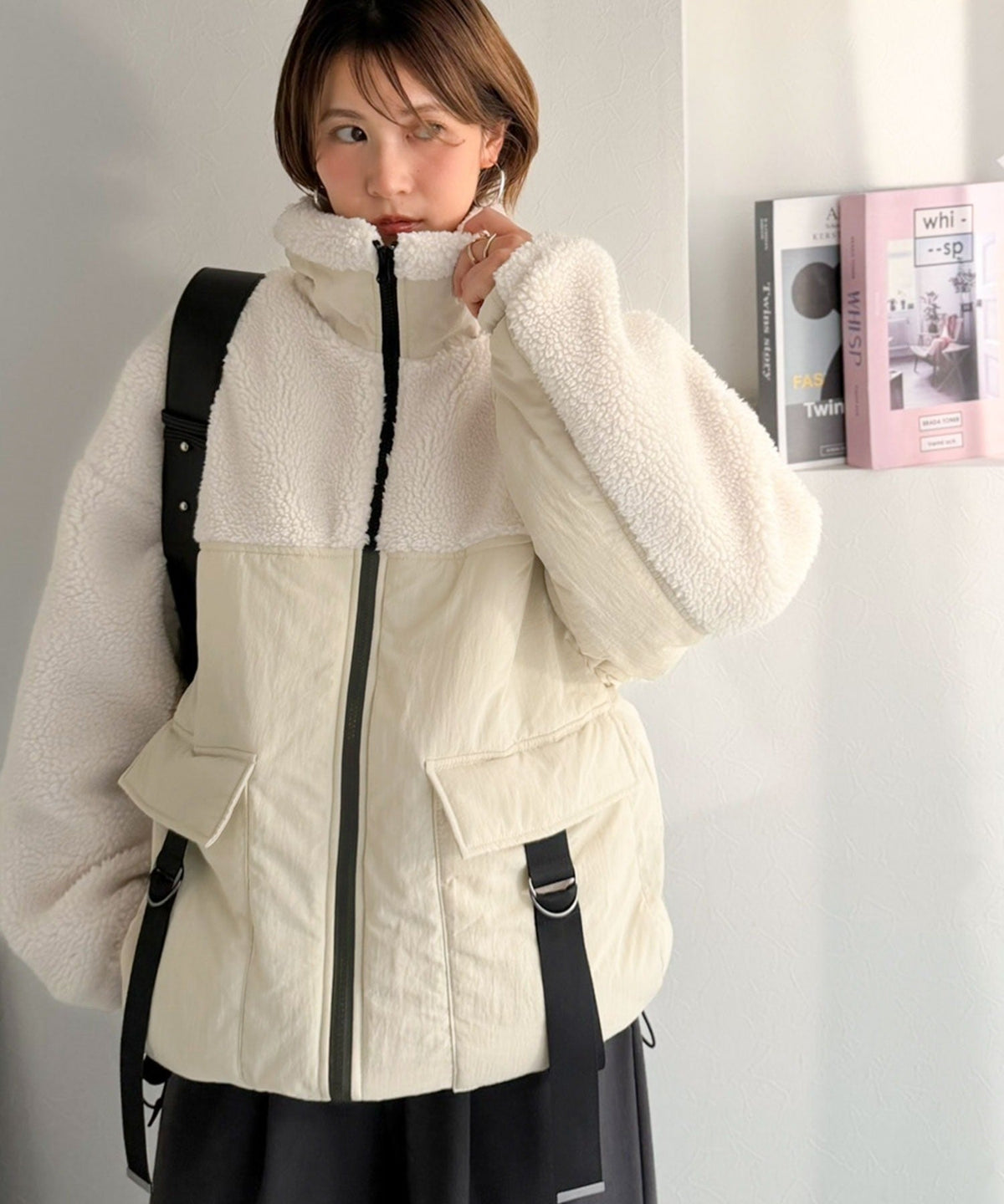 《MAIKOさん×クラシカルエルフコラボ》【親子リンクコーデ可】異素材コンビが魅せる旬のアクティブモード。ボア×ナイロンポケットデザインアウトドアブルゾン ce1010655