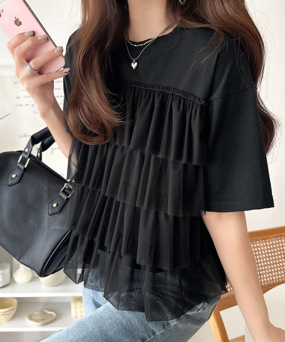 重ねてる風、が今っぽい。ビスチェ風チュールフリルドッキングTシャツ（半袖） ce1010572