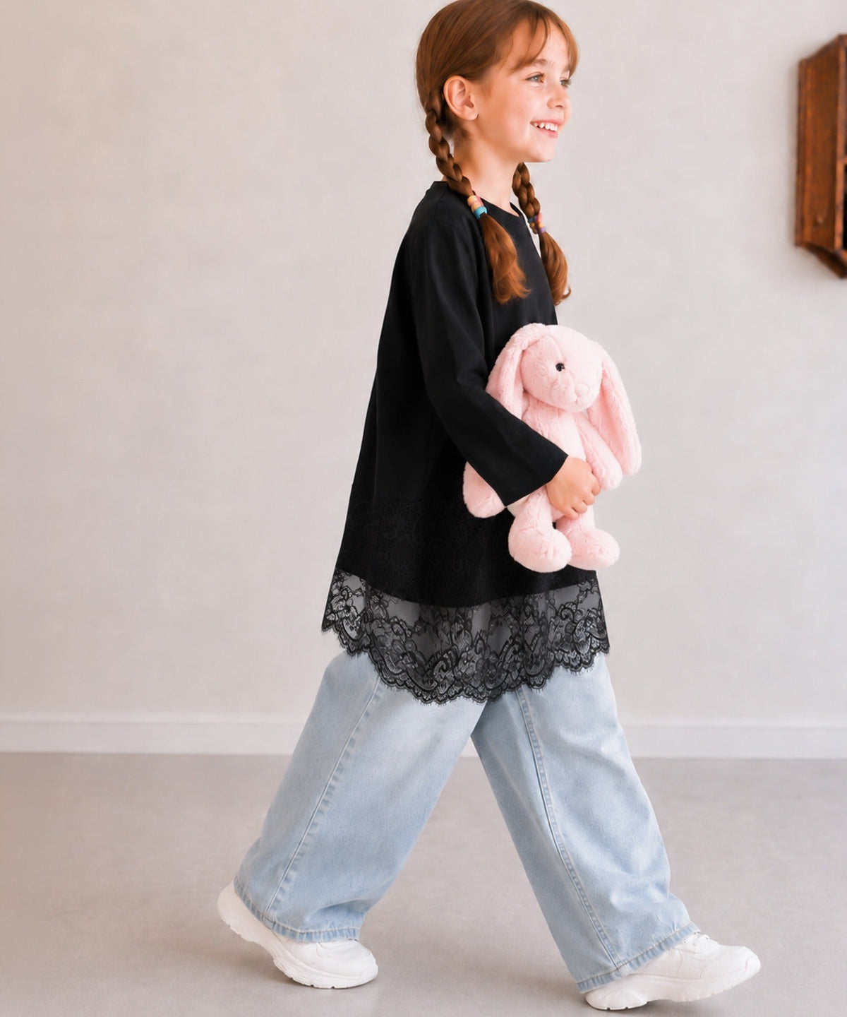 【キッズ】親子お揃いOK♪さらっと今っぽくなる 裾レースドッキングTシャツ(長袖) ck1020364