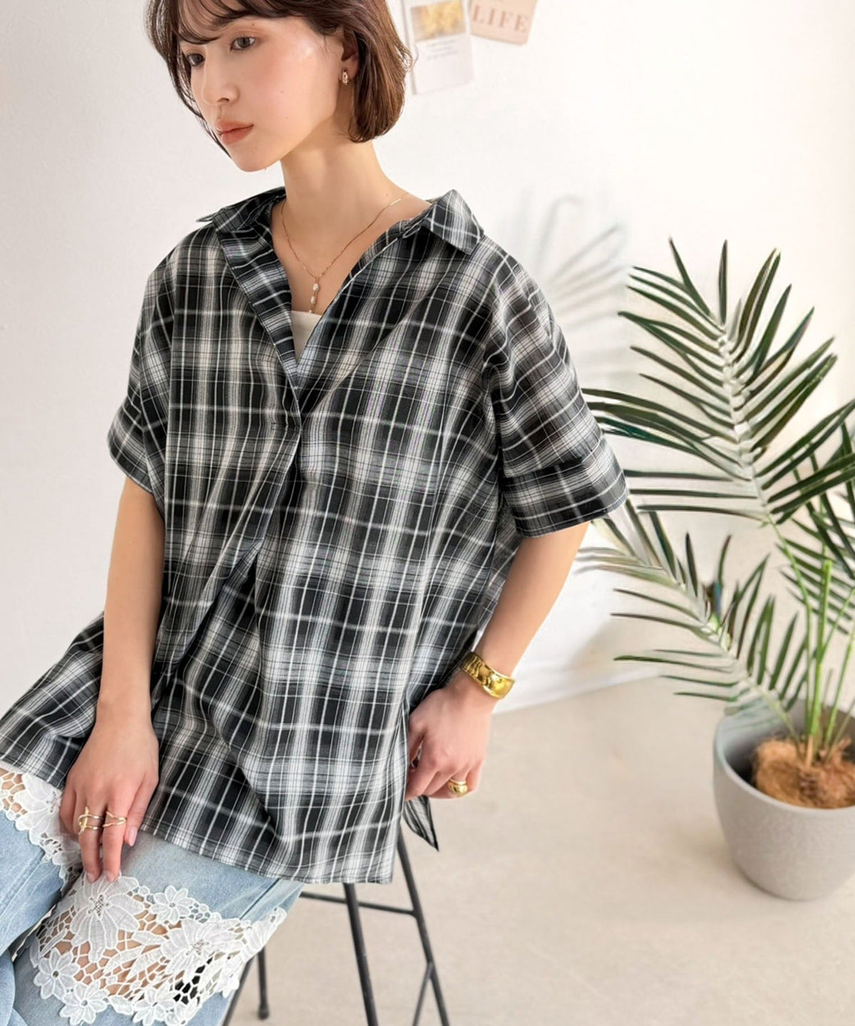 《JaVaジャバコラボ》涼しげに、女っぽく。シアーオーバーサイズスキッパー半袖シャツ（チェック柄＆無地） jv1240120
