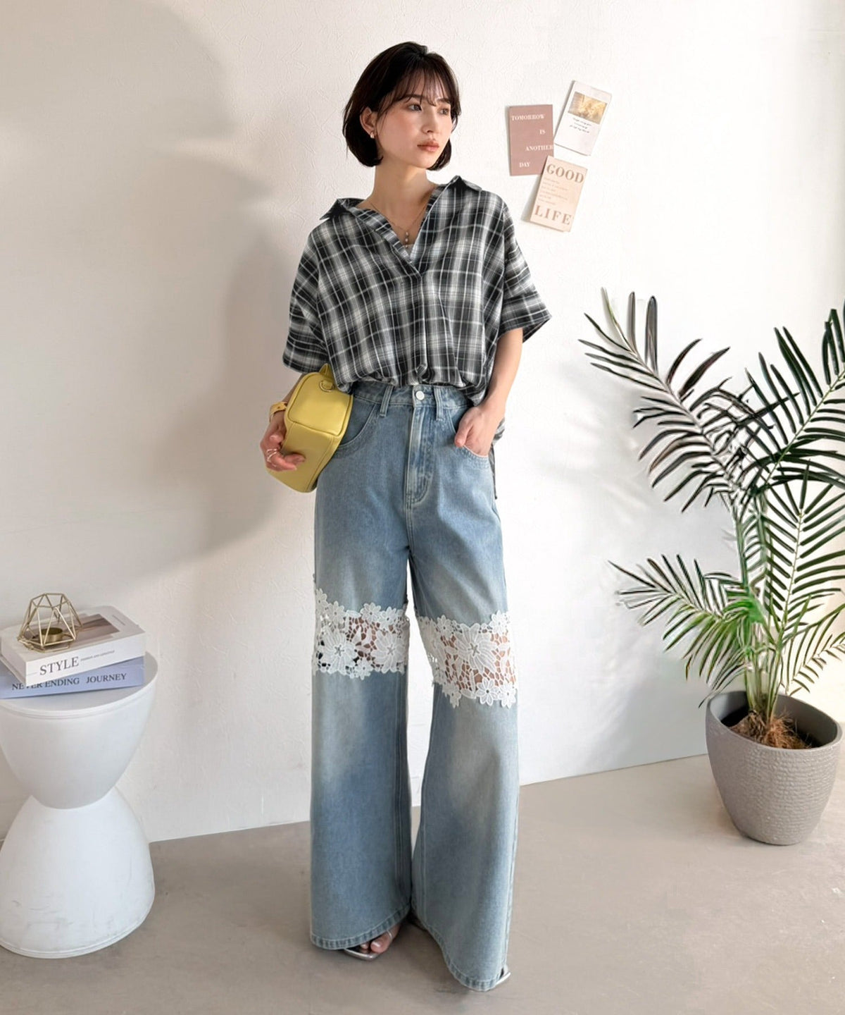 《JaVaジャバコラボ》涼しげに、女っぽく。シアーオーバーサイズスキッパー半袖シャツ（チェック柄＆無地） jv1240120