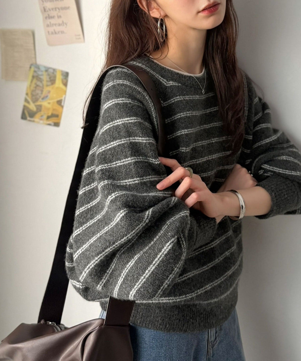 《JaVaジャバコラボ》王道ボーダーも、あざと可愛く。ボリューム袖ラグランニットプルオーバー（長袖） jv1050384