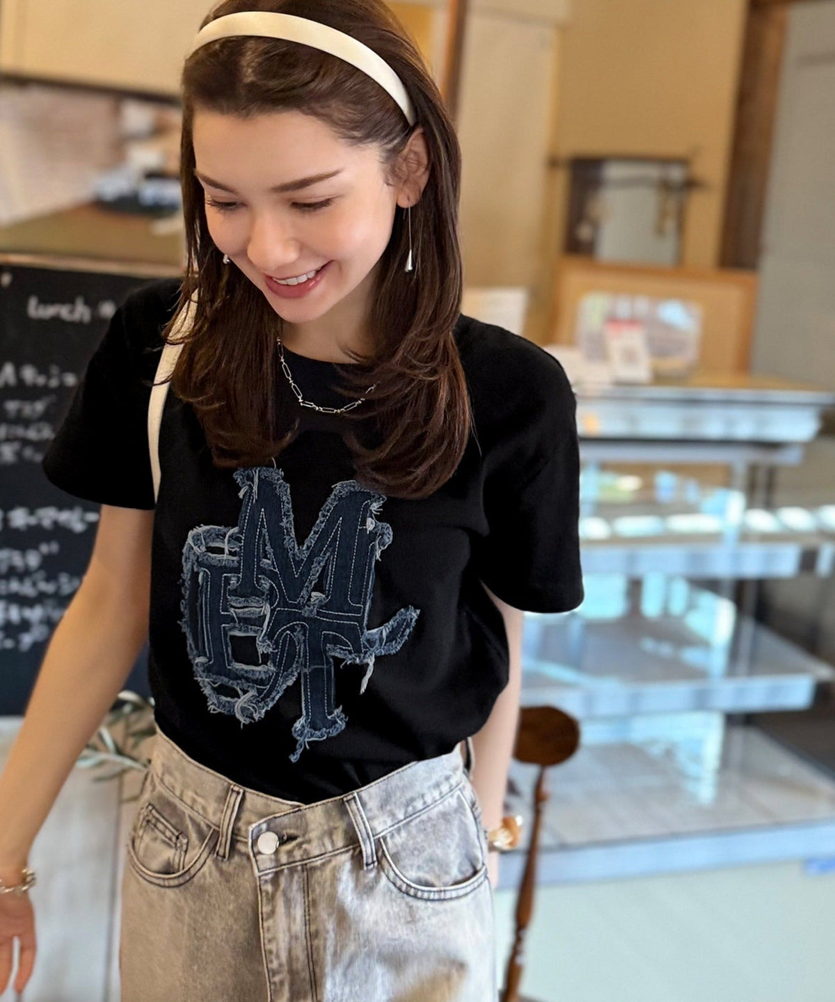 【キッズ】親子リンクコーデ可能♪毎日着せたい 綿100％デニムワッペンフリンジ使いTシャツ mk1329037