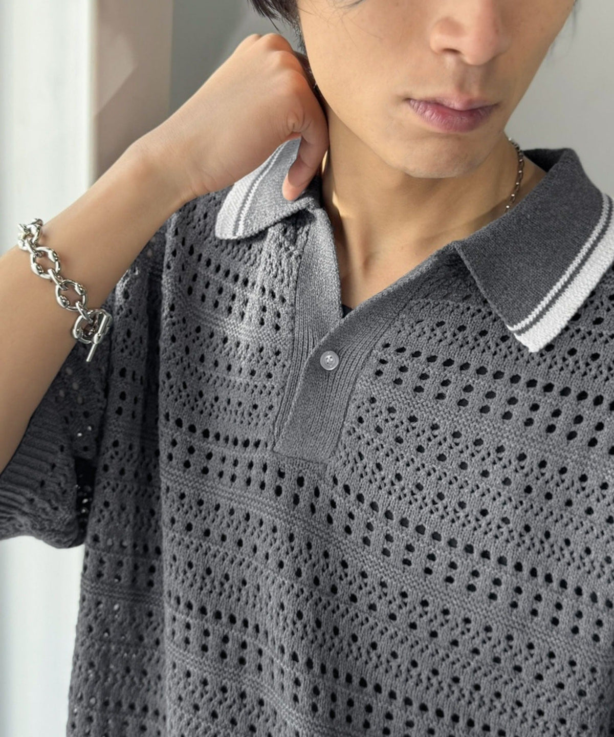 《JaVaジャバコラボ》レトロ〝っぽい〟がちょうどいい。メッシュ編地柄 スキッパー襟 ニットポロシャツ（半袖） jo1250002