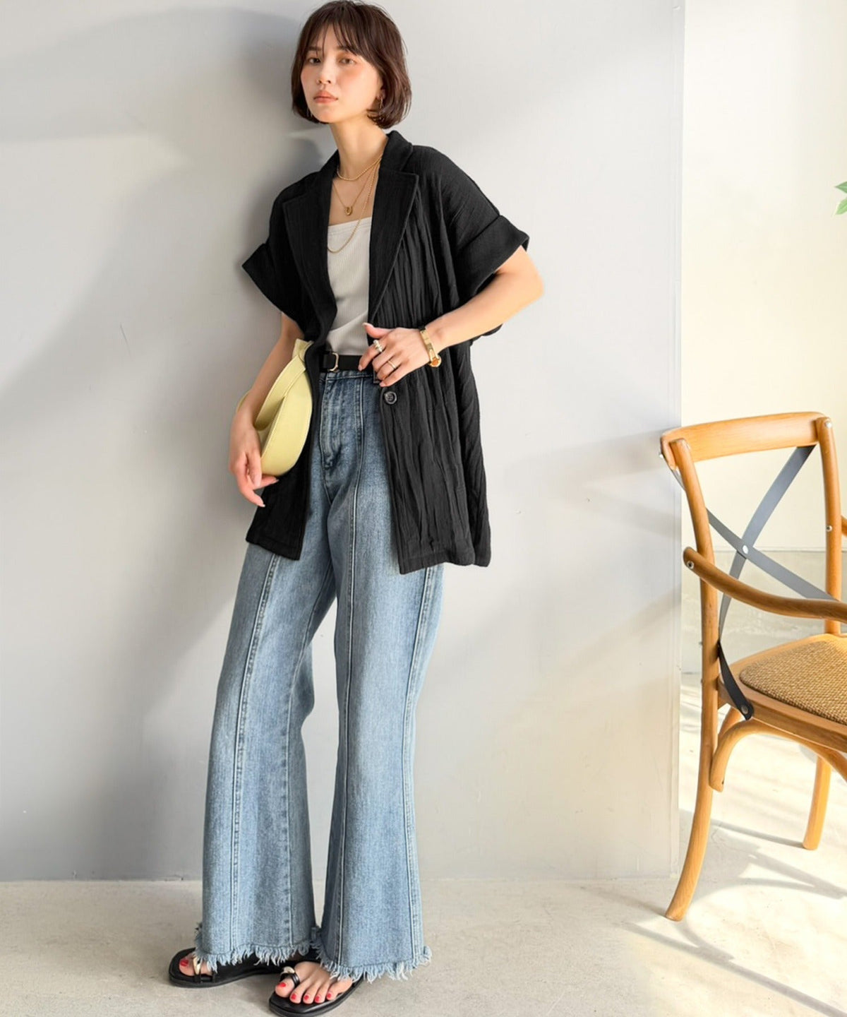 軽やかに羽織れて大人カジュアル映え。パナマ風チェック半袖ジャケット ce1010592