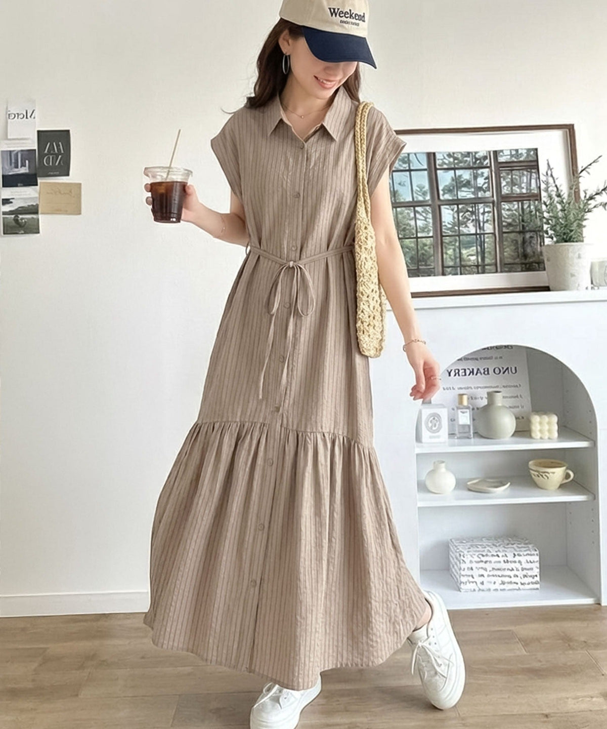 清涼感のある素材で軽やかにスタイルアップ♪フレンチスリーブ裾フリルシャツワンピース ce1010577