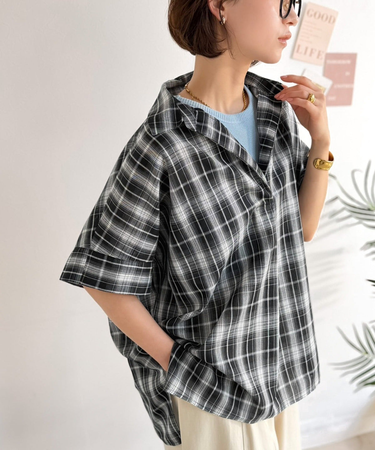 《JaVaジャバコラボ》涼しげに、女っぽく。シアーオーバーサイズスキッパー半袖シャツ（チェック柄＆無地） jv1240120