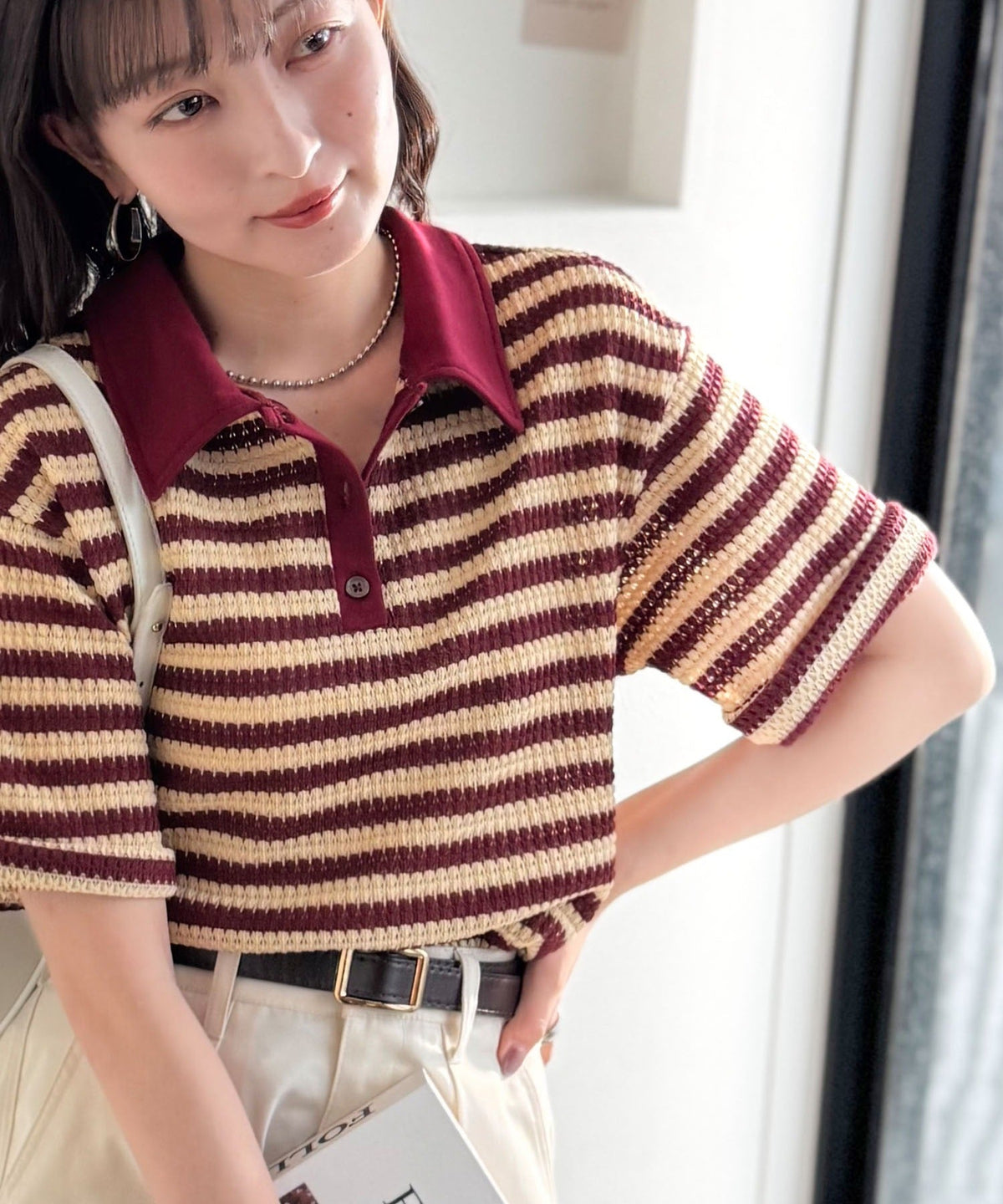 《JaVaジャバコラボ》大人カジュアルを格上げ。クロシェレース風ボーダーポロ衿トップス（半袖） jv1010604