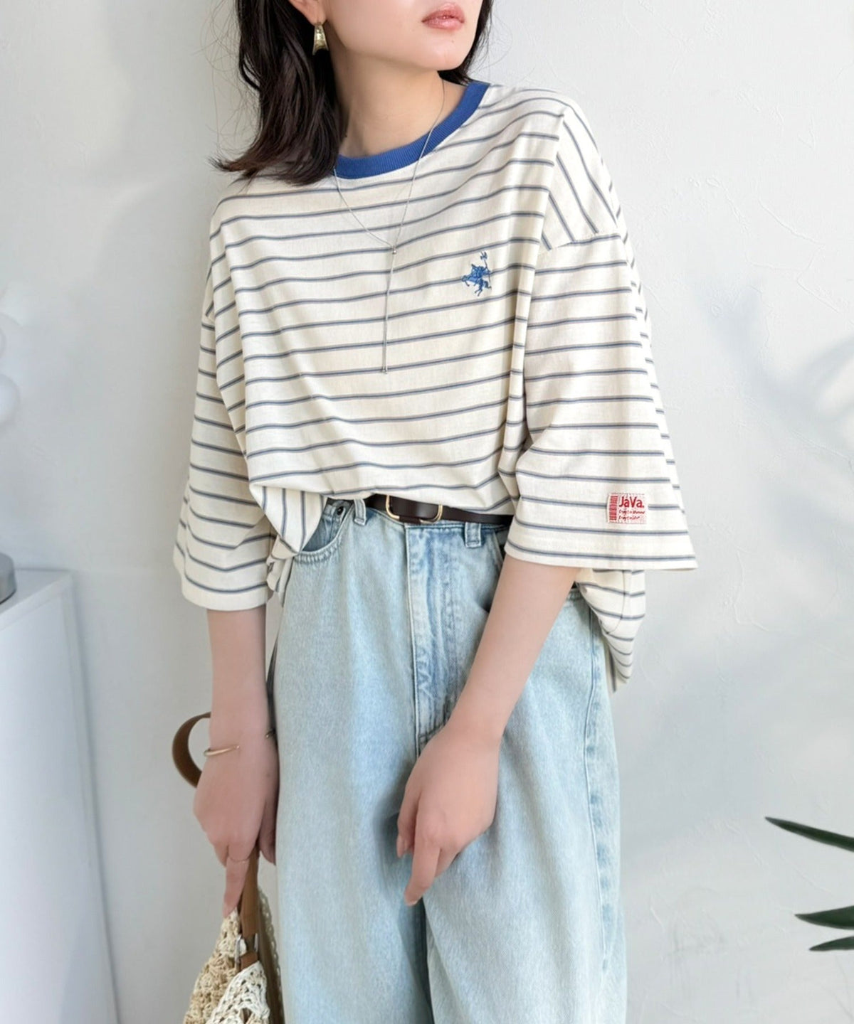 《JaVaジャバコラボ》着回し自在で日常に馴染む♪ 胸刺繍マルチボーダーアソートTシャツ jv1330097