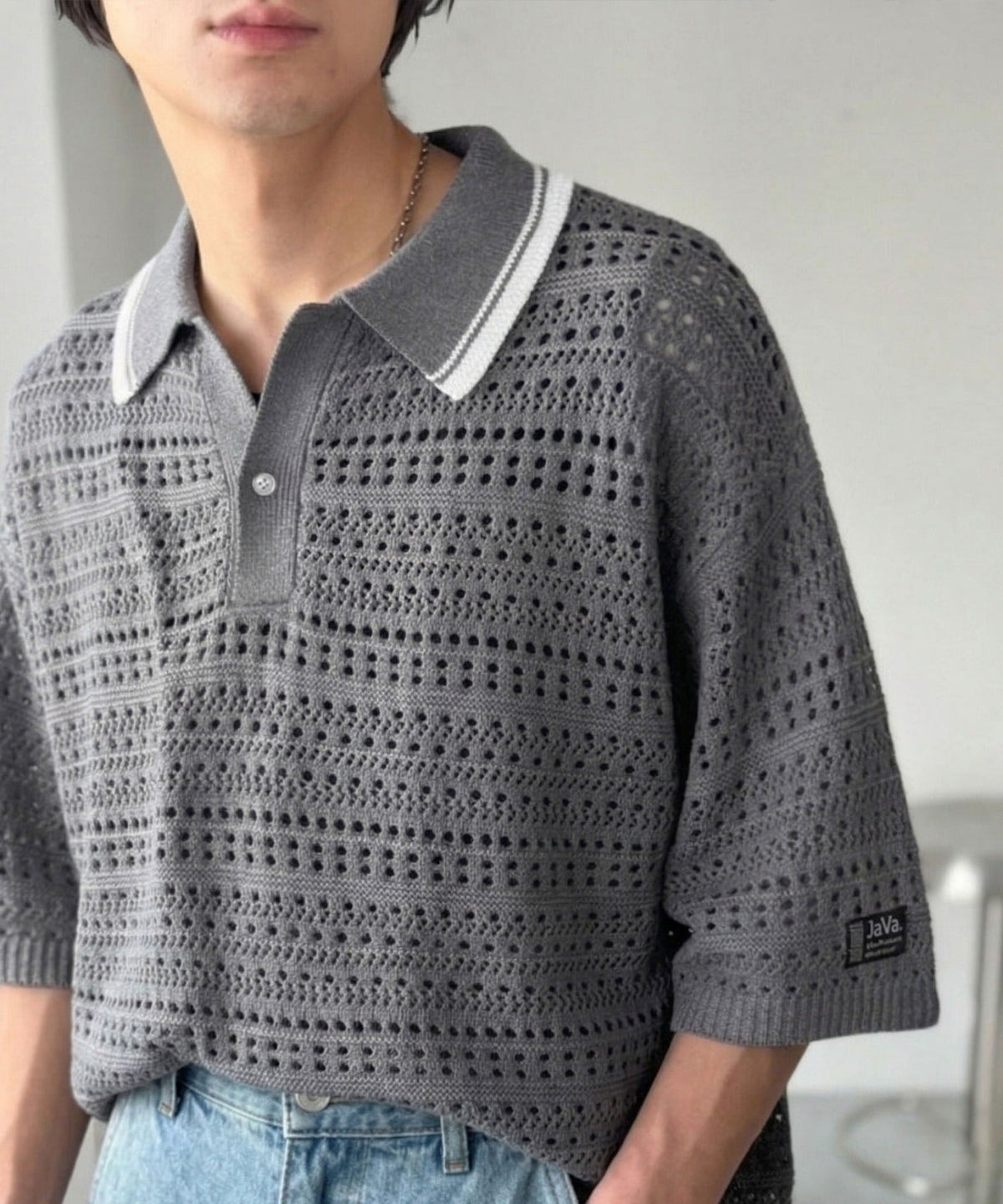 《JaVaジャバコラボ》レトロ〝っぽい〟がちょうどいい。メッシュ編地柄 スキッパー襟 ニットポロシャツ（半袖） jo1250002