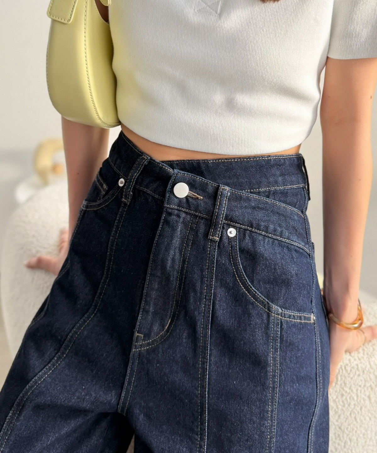 【mily bilet】盛れるワイド、優勝シルエット。ウエストアシメデザイン切り替えラインデニムパンツ mi0909026